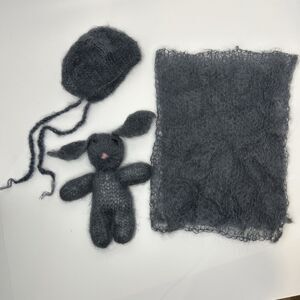 Newborn Knitted Mohair Bonnet, Wrap, and Bunny Lovey Newborn Photography Prop